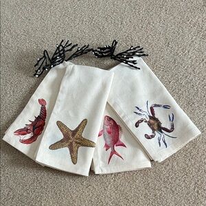 Pottery Barn Sea Life Print Linen-Cotton Napkins (4) and Iron Coral Holders